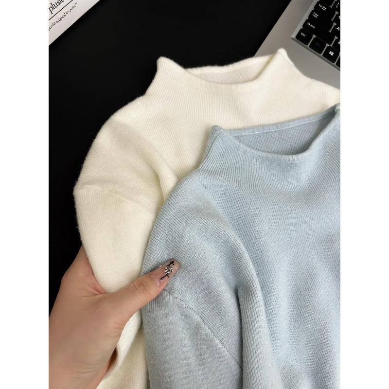 Autumn and winter milk blue soft waxy semi-turtleneck stacked solid color sweater women's inner bottoming shirt simple knitted top