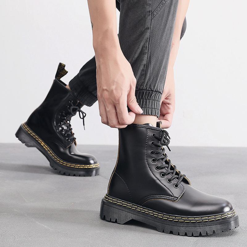 Doppellinie High-Top Martin Stiefel Damen Persönlichkeit Kurze Stiefel Loch Lederstiefel Muffin-Sohle Britische Lokomotive Stiefel Herren