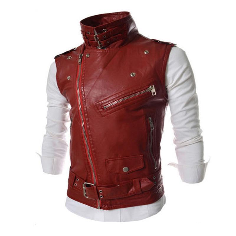 Hot-selling men's leather vest Slim-fit multi-zipper lapel short leather vest