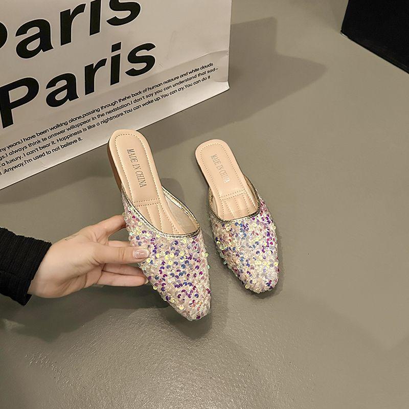 Woman Mules Slippers Sequins Flat Shoes for Women Waterproof on Promotion 39 H Sandal Summer Slides Footwear Korea Style Sandals