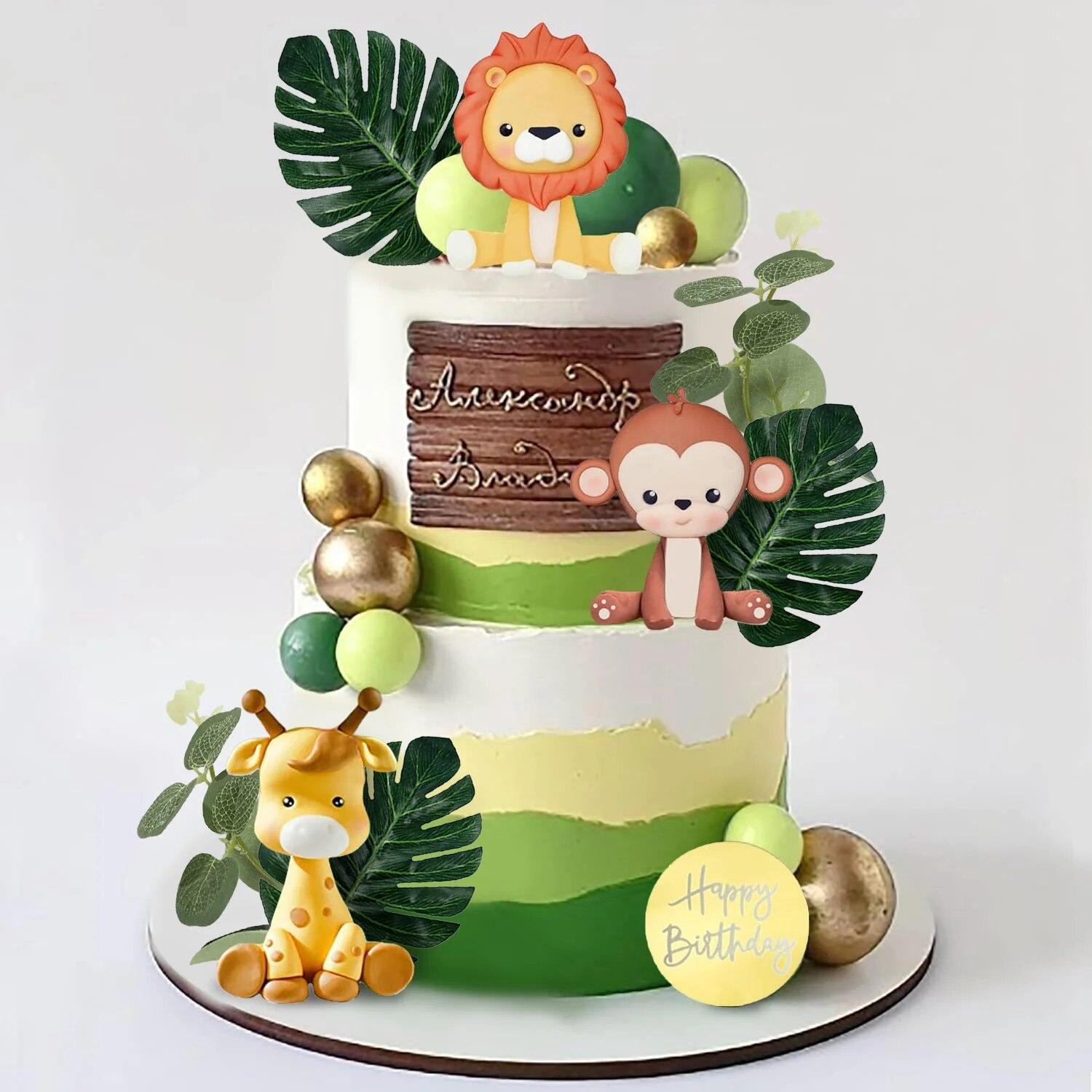 

Jungle Safari Animal Cake Topper with Colourful Balls Plam Leaves Cake Decoration for Girls Boys Wild Theme Birthday Party Baby M