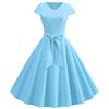 Damen Sommer Vintage Kleid Mit Gürtel Kurze Ärmel V-Ausschnitt Elegant Retro Schwingendes Partykleid
