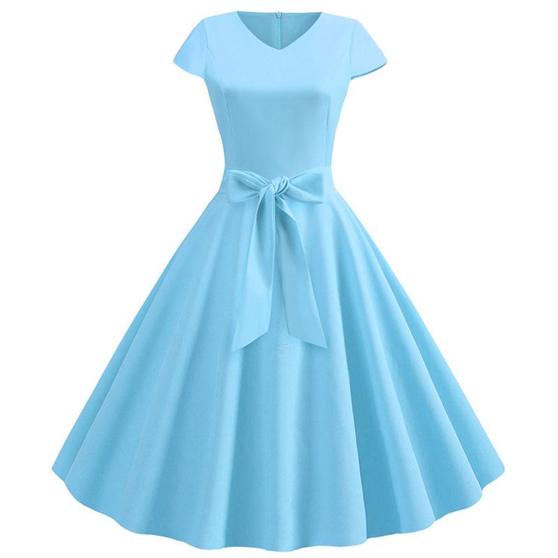 Damen Sommer Vintage Kleid Mit Gürtel Kurze Ärmel V-Ausschnitt Elegant Retro Schwingendes Partykleid