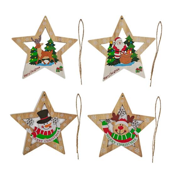 1/4Pcs Christmas Ornament Wooden Star-Shaped Pendant Set with Reindeer Santa Snowman Elk Patterns Hanging Decoration