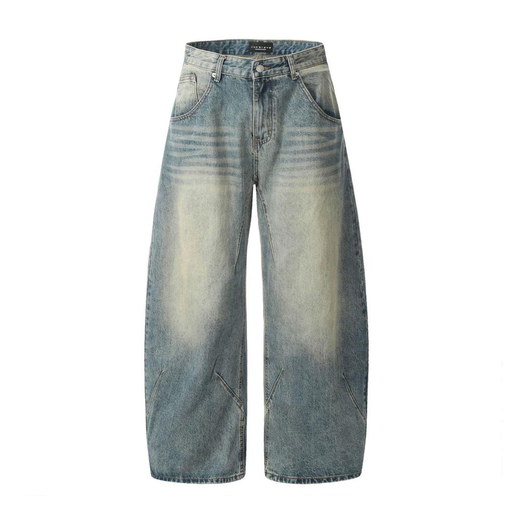 11KN Unisex Retro Blue Wide-Leg Distressed Jeans - Curved Blade Silhouette, Slimming, Loose Fit, Washed Casual Long Pants