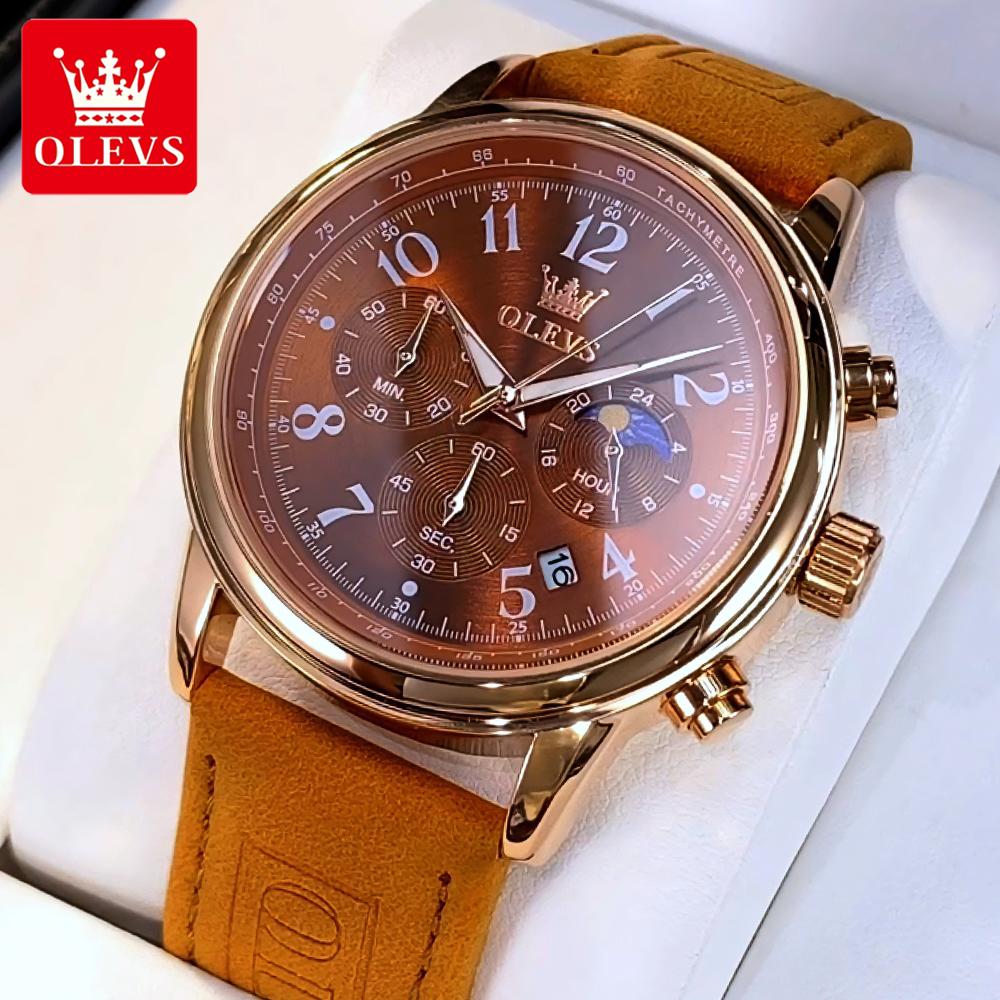 OLEVS Men's Watches Casual Fashion Leather Strap Waterproof Original Quartz Wristwatch for Man Moon Phase Date Chronograph 2912
