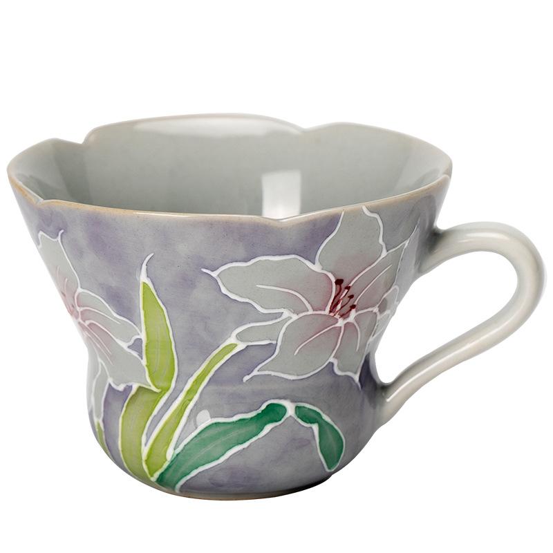 Misty Lavender Hand Painted Ceramic Tea Cup with Floral Pattern Heat Resistant Handle Chinese Style Tea Drinking Vessel