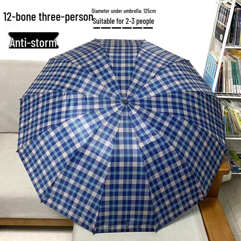 Extra Large Ten-Bone Water-Repellent Plaid Umbrella - British Style for Men & Women, Double/Triple Use
