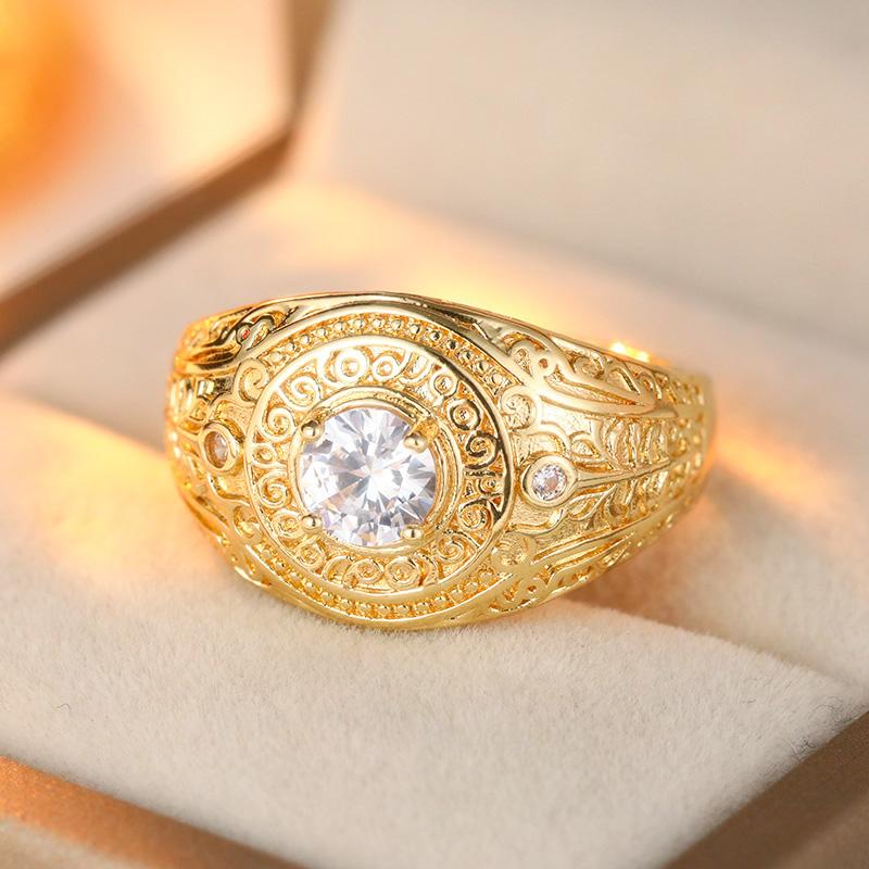 Vintage Inlaid White CZ Women's Ring Ethnic Gold Color Hand Carving Daily Wear Party Jewelry Anniversary Gift