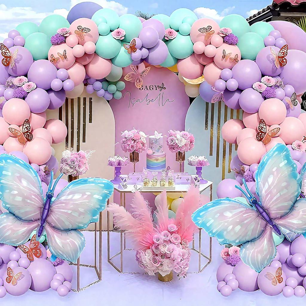 Purple Butterfly Balloon Set, Butterfly Aluminum Film and Macaron Latex Balloon for Graduation Ceremony Birthday