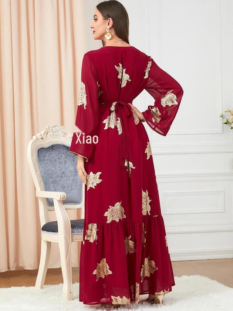 3203 Middle Eastern Women's Abaya with Hot Stamping - Four Seasons Fashion Dress