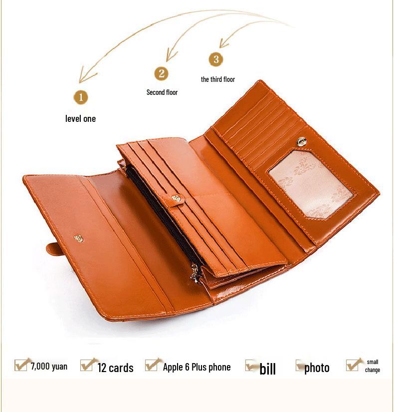 Women's Tri-Fold Genuine Leather Wallet: Large Capacity, Multiple Card Slots, Korean Style Coin Purse with Clasp.