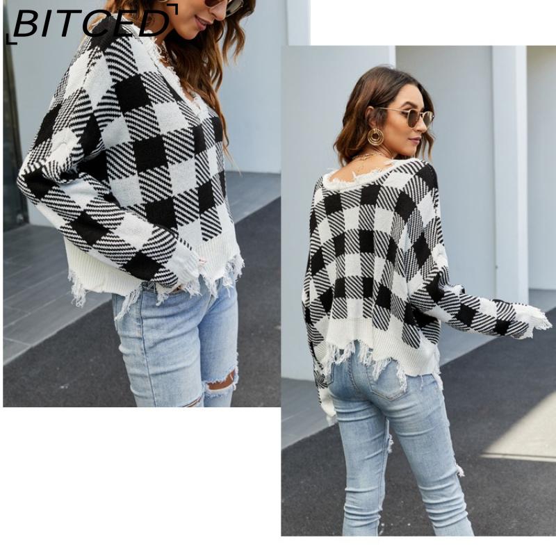 BITCED Women's Oversized Cropped V-Neck Sweater Women's Knit Sweater with Fringe for Fall/Winter