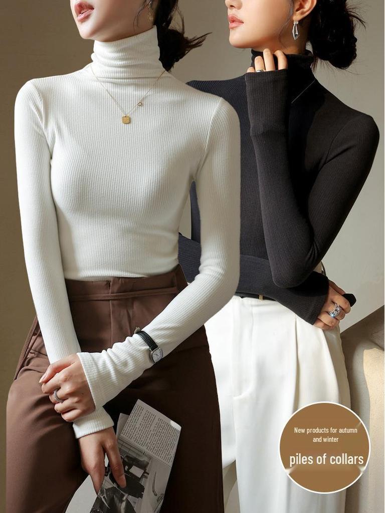 Velvet High-Neck Turtleneck Long-Sleeve Women's Shirt - Trendy Black Top for 2024 Spring, Autumn, and Winter