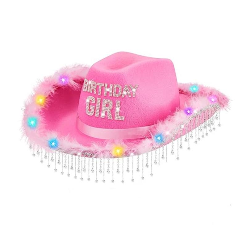 Birthday Tassels Rhinestones Cowgirl Hat With Colorful LED Lights Adjustable Top Caps for Parties Birthday Gathering