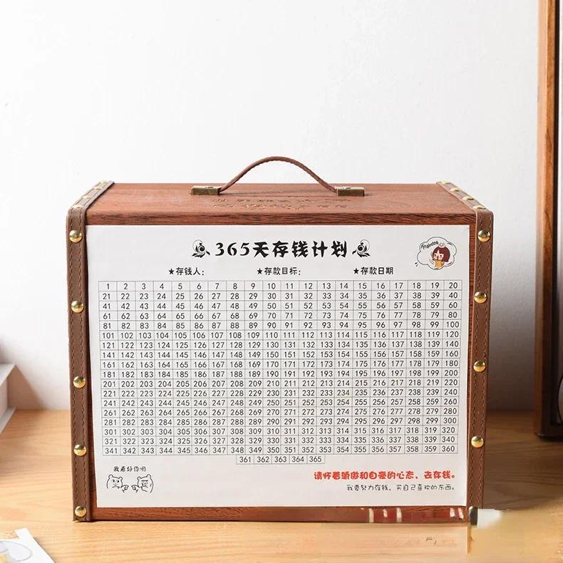 1 st Barnsparbössa 365-dagarsplan för att Spara Pengar Trälåda Barnfödelsedagspresent Träsparbössa Växel Förvaringslåda