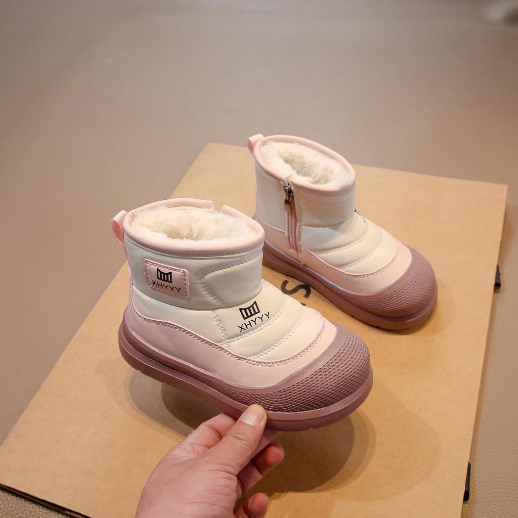 2025 Vinter Gutter Velurfôret Bomull Snøstøvler, Tykt Lær og Pels, Kort Modell for Store Barn