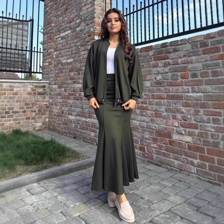2024 Autumn Casual Solid Color Slim Fit Sweatshirt & Fishtail Skirt Two-Piece Set