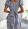 Elegant Floral Summer Dress for Women Square Collar Short Sleeve Lace Up Spring Outfit Sizes S To XL