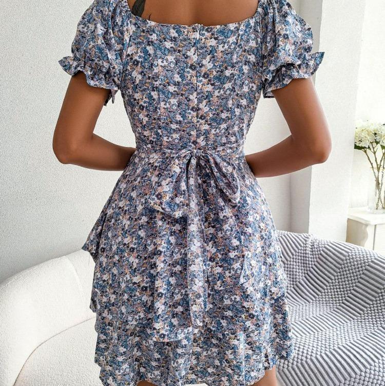 Elegant Floral Summer Dress for Women Square Collar Short Sleeve Lace Up Spring Outfit Sizes S To XL