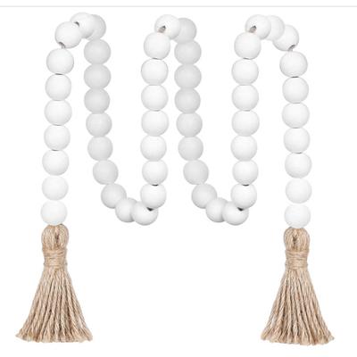 Pendurador de Parede Boêmio com Borla de Contas - Contas de Madeira Rústicas Brancas e Franja de Juta Natural, Decoração para Casa para Mesas, para Decoração de Quarto de Casamento