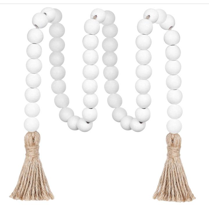 

Богемное настенное украшение с кисточками из бусин - Деревянные бусины рустикального белого цвета и бахрома из натурального джута, Домашний декор для столов, для украшения комнаты на свадьбу белый