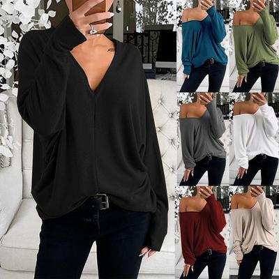 Moda Kadın Günlük Üstler Bahar Kişiselleştirilmiş Basit Büyük V Yaka Çökmüş Omuz Kolu Gevşek Uzun Kollu Üst Tişört Zarif Kadın Giyim