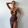 Mode Neue Halter Backless Party Sexy Kleid Frauen Hohe Schlitz Kordelzug Unregelmäßigen Elegante Solide Lange Kleider Frauen Schlank Ärmelloses Abendkleid 25925