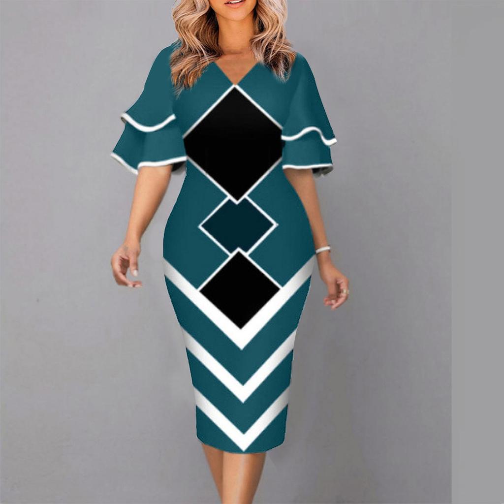Women's Fashion Casual V-neck Flared Sleeves Large Size Printed Waist Slimming Short-sleeved Dress