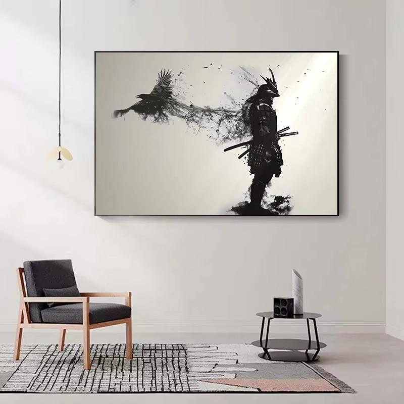 Japanese Black Samurai Man with Crow Posters and Print Black and White Wall Art Canvas Painting for Living Room Cuadros Decor