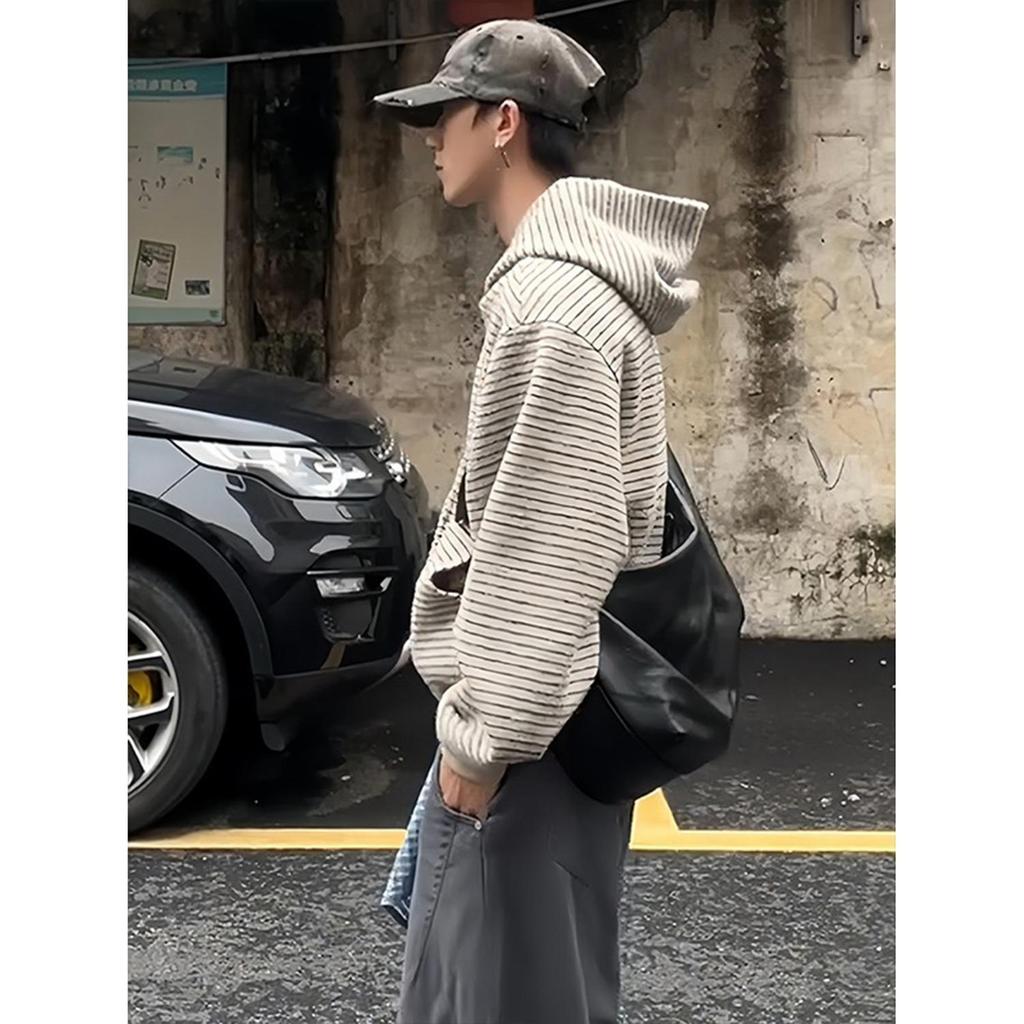 Unisex Retro Bluza z kapturem na zamek w paski Kardigan na wiosnę/jesień - Casualowa, Luźny krój