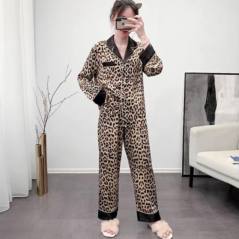 [Original] Leopard print ice silk pajamas women's 1011 new spring and autumn thin long-sleeved two-piece set loungewear summer