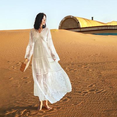 Rochie de Zână Albă de Vară 2025 cu Mâneci Evazate și Dantelă Brodată - Largă, Talie Înaltă