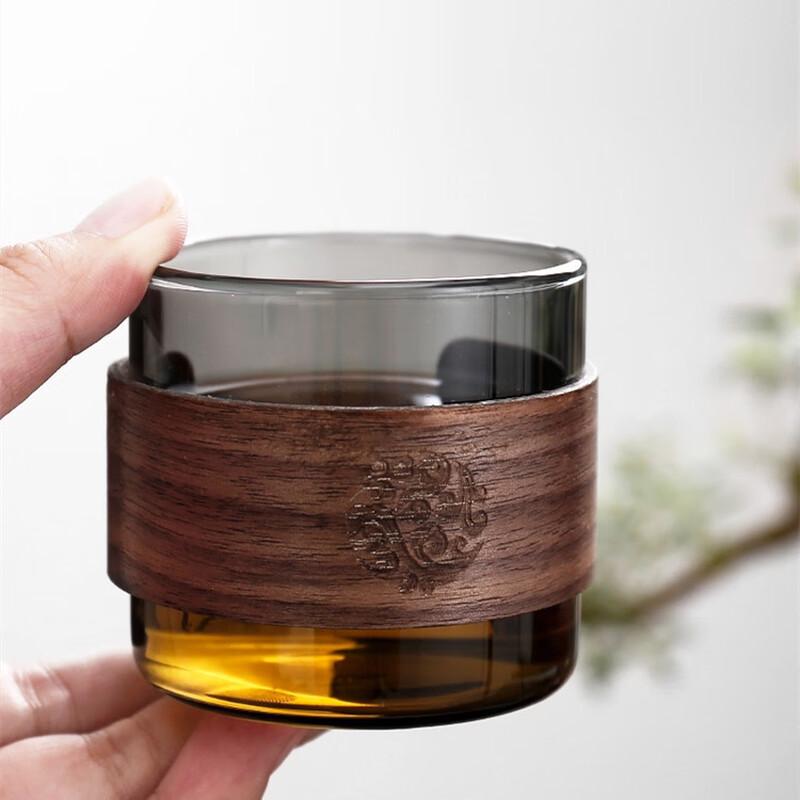 Yipan Insulated Glass Teacups with Walnut Wood Ring