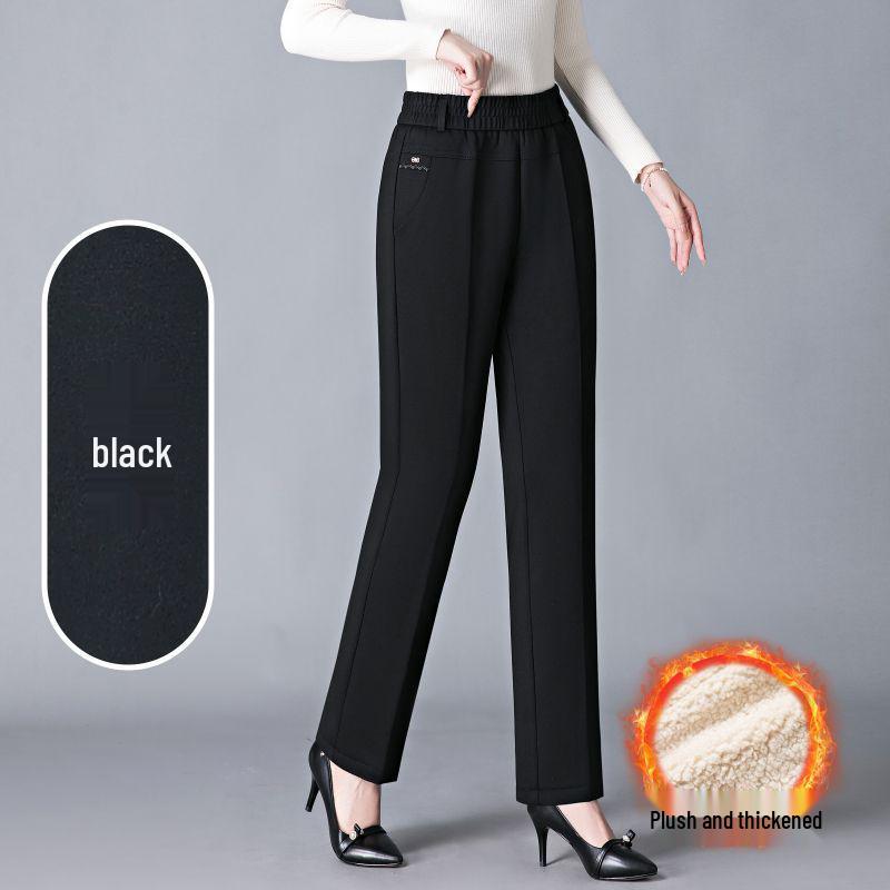 Pantalones de Invierno de Lana de Cordero con Forro Polar de Cintura Alta para Mujer - Engrosados, Algodón, Otoño 2025