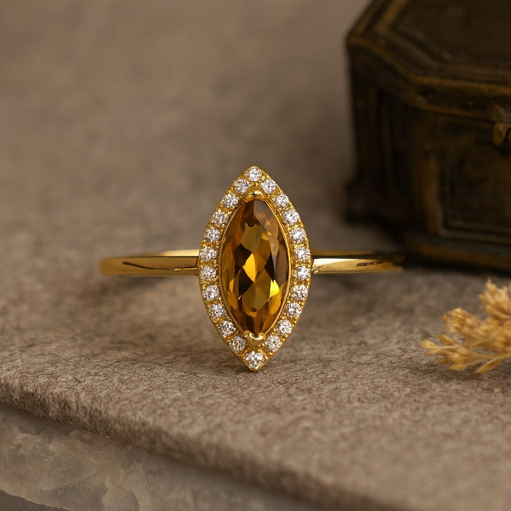 Bague Halo Citrine Taille Marquise, Bijou en Argent Plaqué Or Jaune, Bague de Fiançailles et d'Anniversaire pour Femme