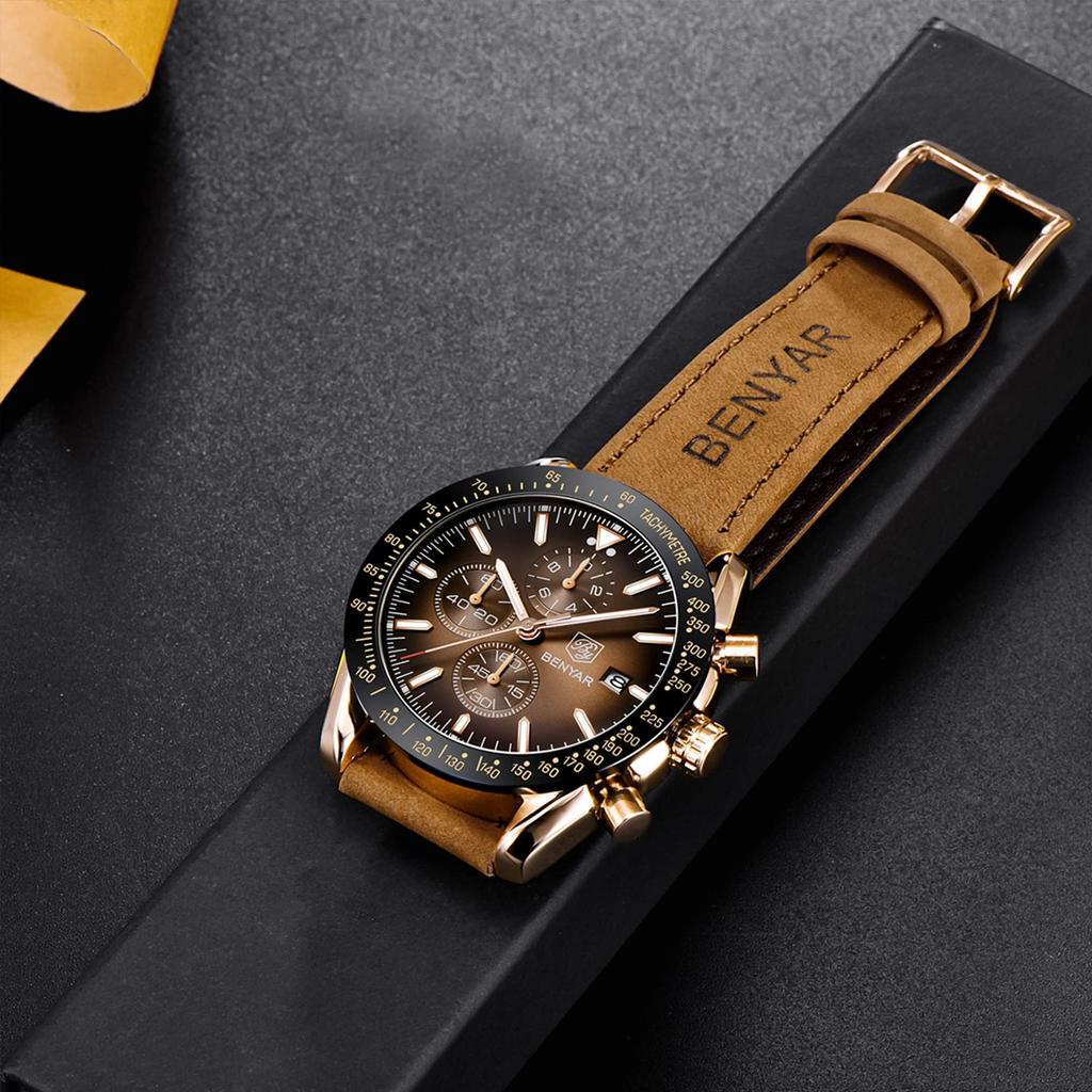 BY BENYAR Chronograph Analog 30M Water Leather Strap Quartz Brown Gift for Men Men's Watch, Resistant, Simple, Stylish, Popular, Formal, Movement,