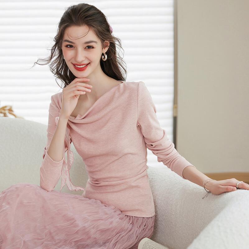 Bailuyu Women's Irregular Neck Long Sleeve T-Shirt with Detachable Flower