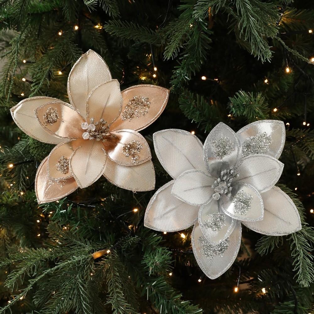 Sparkling Artificial Poinsettia Flower Pick Sequins Christmas Tree Floral Spray Wedding Party