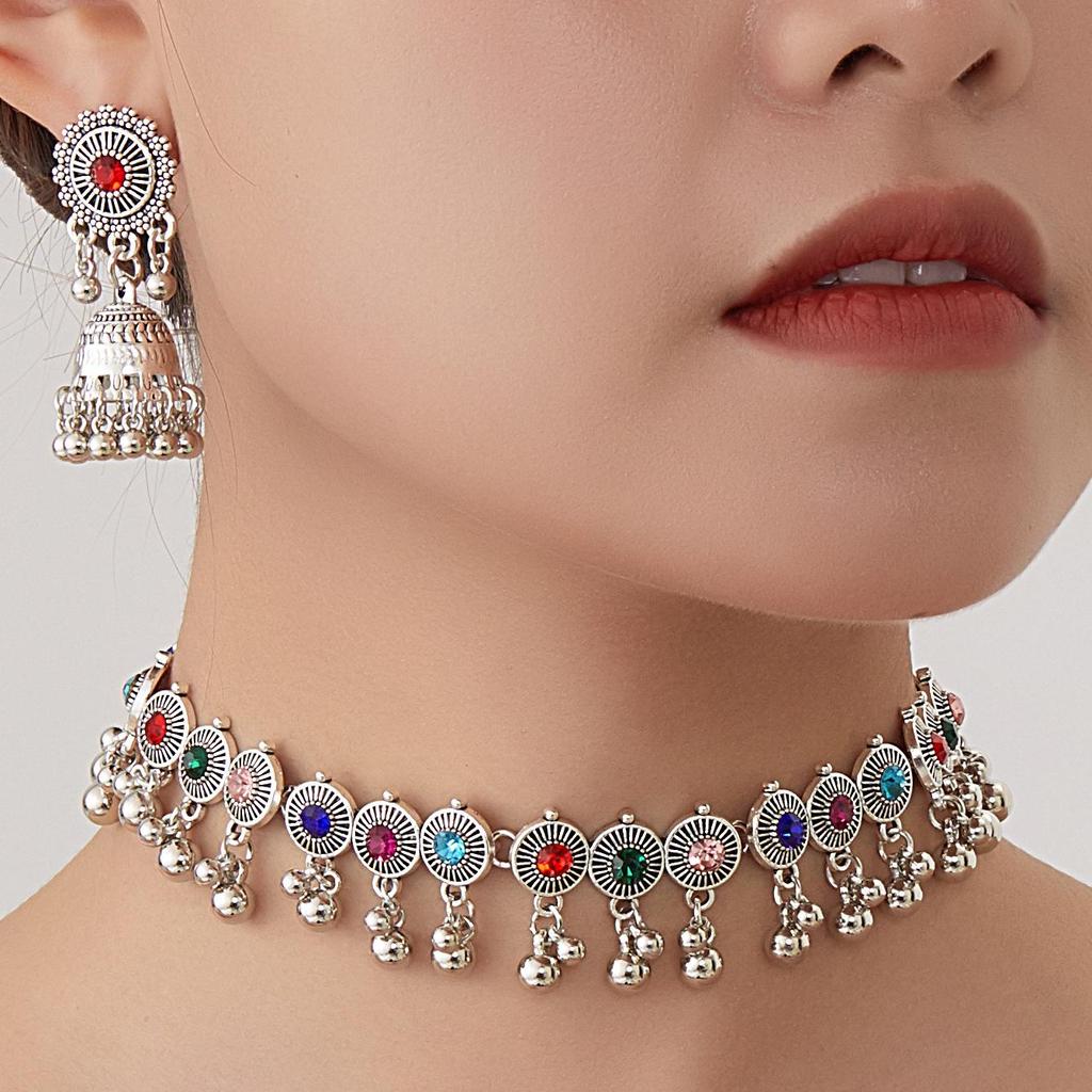 Bohemian Exotic Rhinestone Tassel Necklace & Earrings Set In Antiqued Alloy