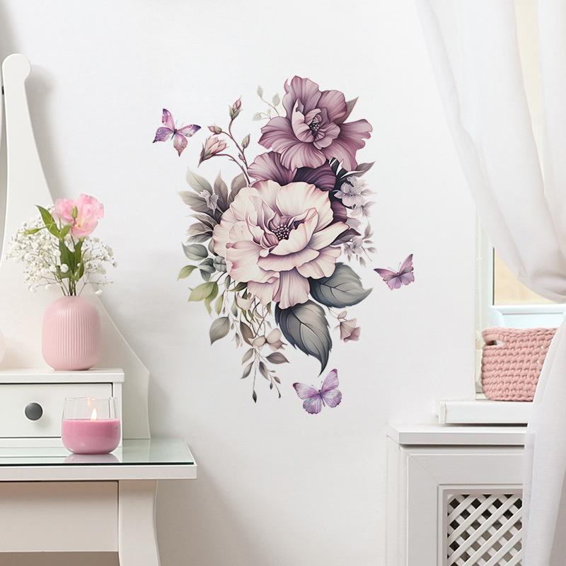 Purple Flowers Butterfly Wall Stickers Living Room Bedroom Background Decor Mural Bathroom Home Decoration Self-adhesive Decals