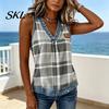 Soft Fabric Vest Summer for Women, V-Neck Sleeveless Tank Tops, Plaid Print Loose Fit Shoulder Strap Reinforced Casual Camisole with Collar Hem, Slim