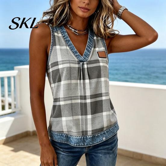 Soft Fabric Vest Summer for Women, V-Neck Sleeveless Tank Tops, Plaid Print Loose Fit Shoulder Strap Reinforced Casual Camisole with Collar Hem, Slim