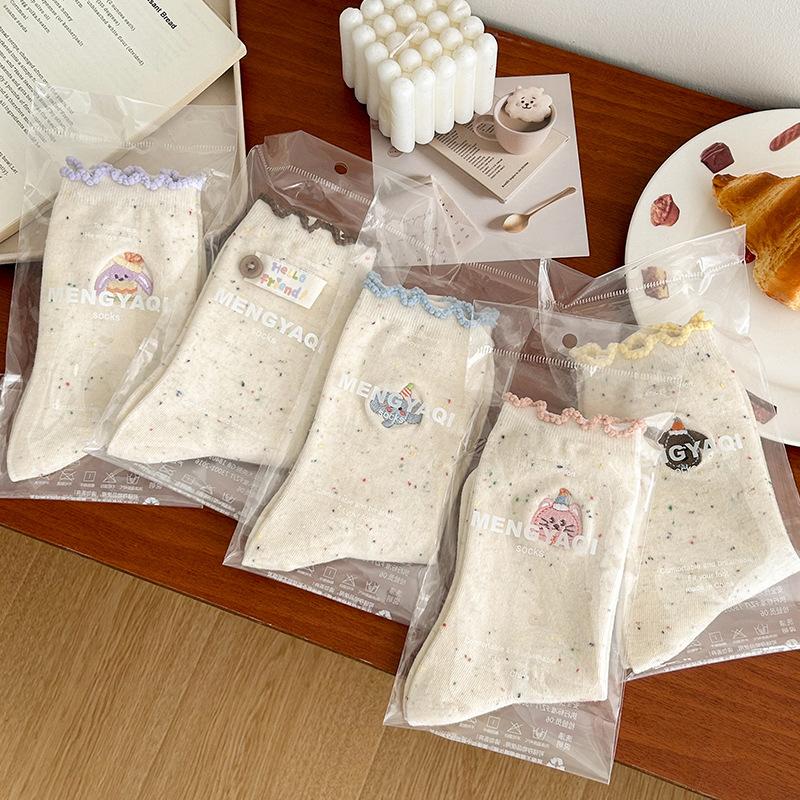 Black Ear-trimmed Socks for Girls, Cute Cartoon Embroidered Lace, School Style Stockings, Ideas, Gauze Labels, Pile Socks