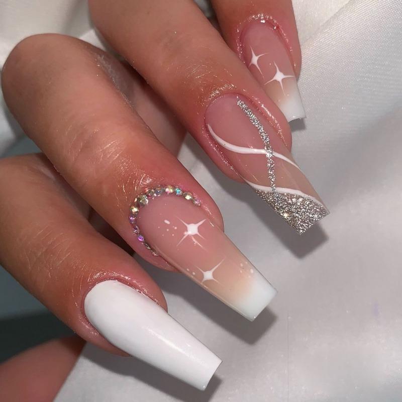 Noste Dlouhý Francouzský Ručně Dělaný Manikúrní Kousek Kamínkový Postupný Přechod Odnímatelná Nálepka na Nehty