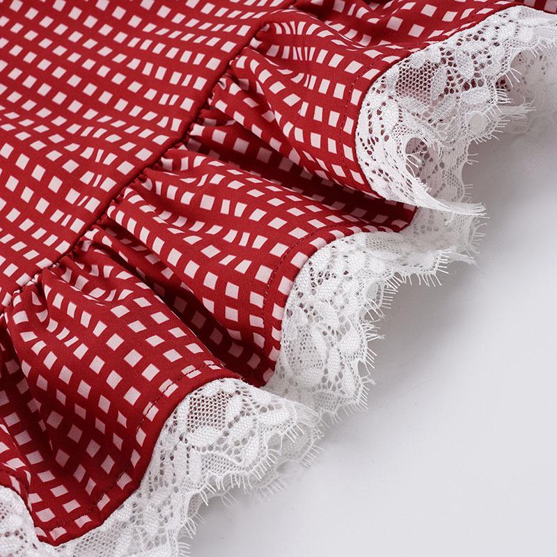 European & American Spicy Girl Lace Patchwork Camisole Dress with Plaid Color Block, Bow, and Ruffle Hem Short Skirt.