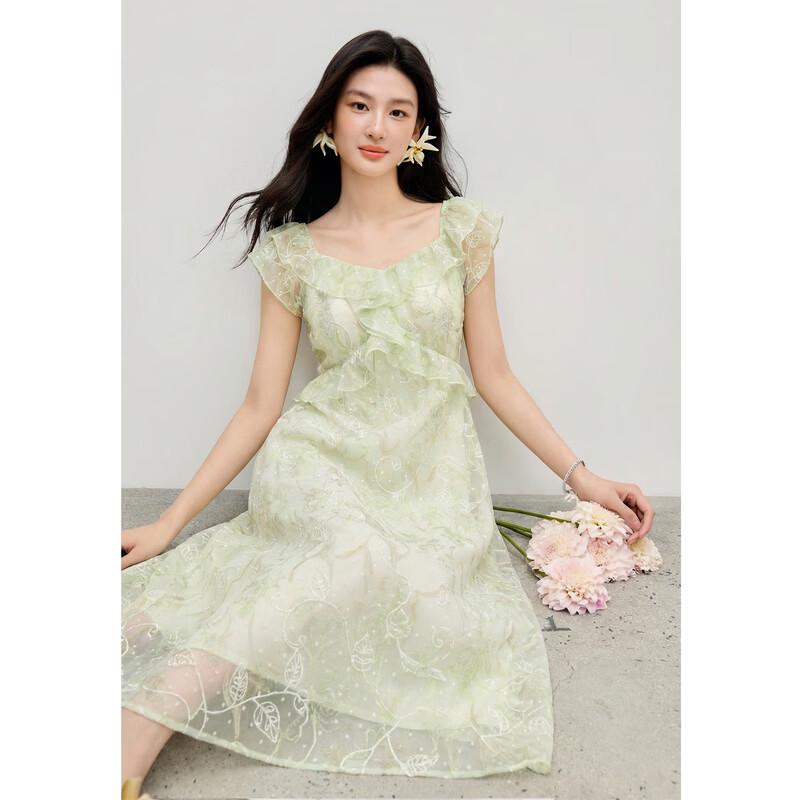 QIU SHUI YI REN Summer Floral Ruffle A-Line Short Dress L