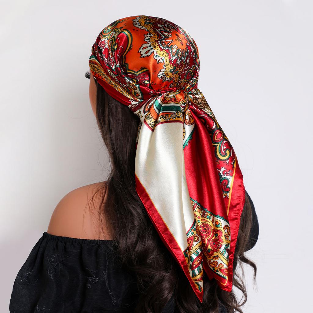 New 90*90cm Retro Brand Women Silk Scarf Bandanna Fashion Bohemian Pattern Square Hijab Lady Wrap Headband Foulard Muffler