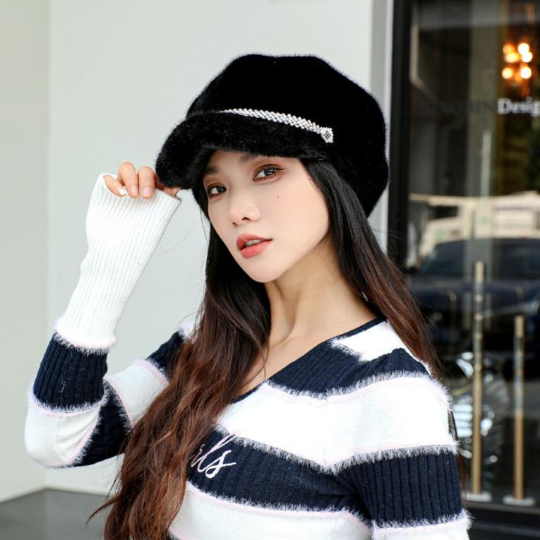 Imitation Mink Beret Women's Autumn and Winter Folded Octagonal Hat Casual Warm Hat