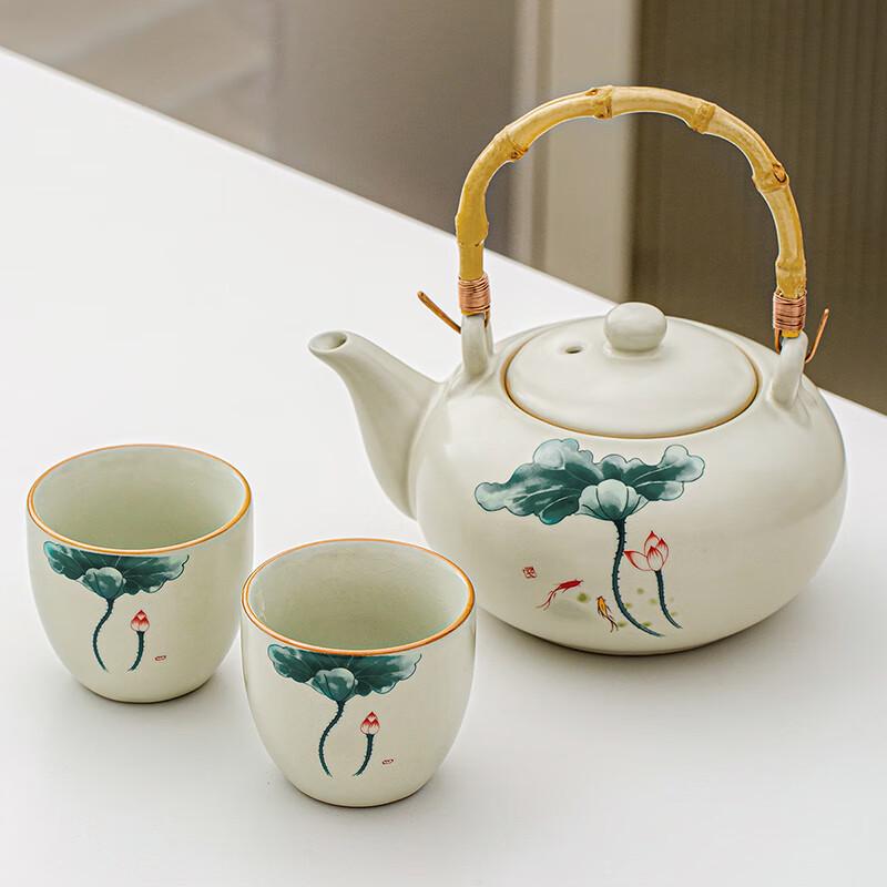 Lainuo Ru Kiln  Fish & Lotus  Teapot Set with Two Cups